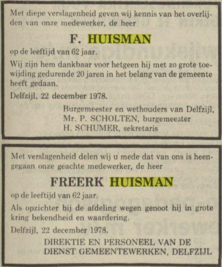 overlijdensadvertentie freerk huisman in 1978.